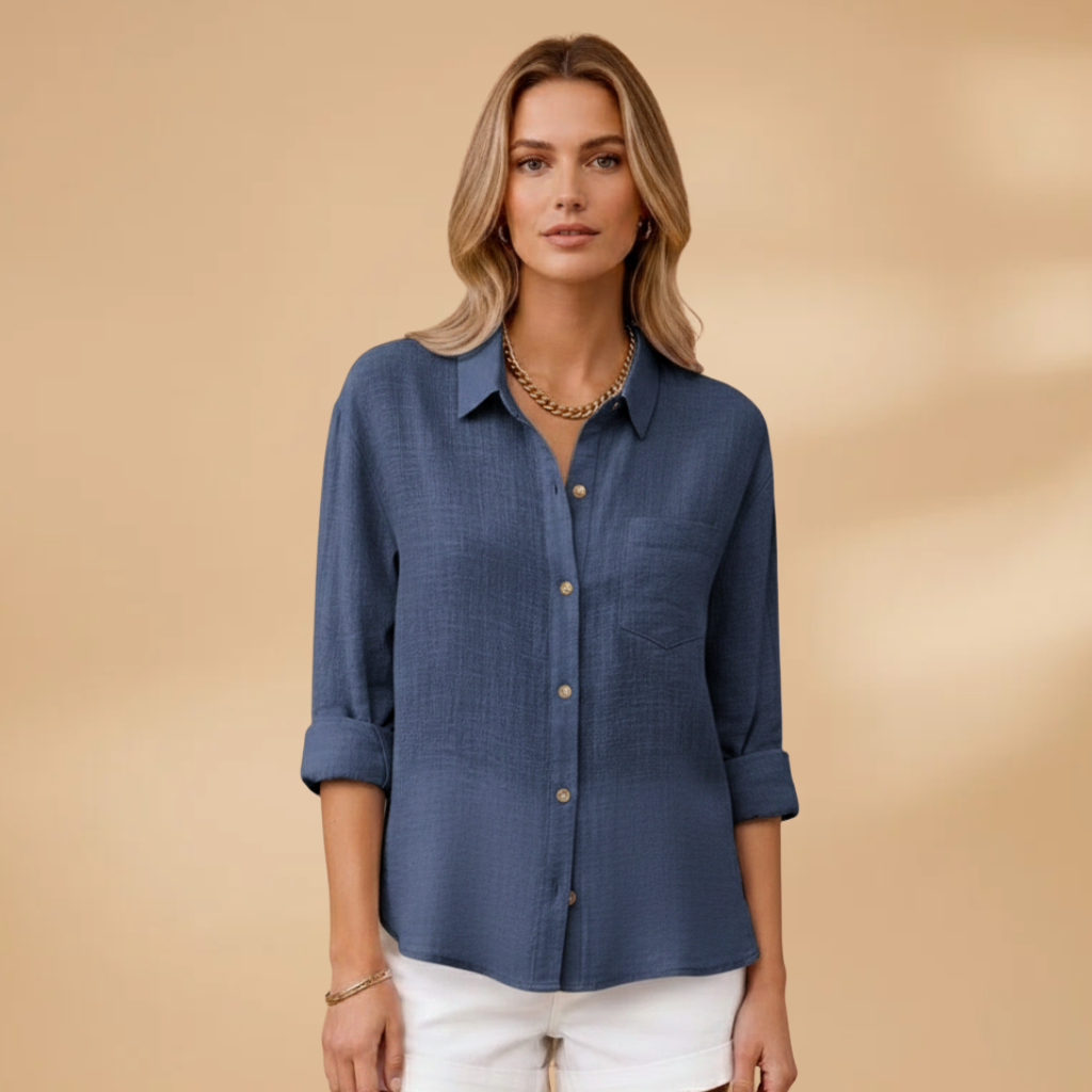 Short buttoned tunic for women — fitted solid top without pockets | vacation