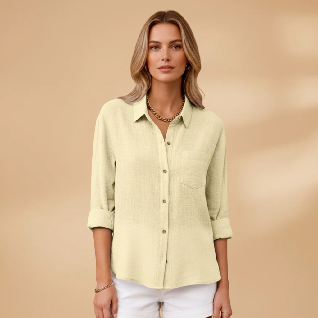Short buttoned tunic for women — fitted solid top without pockets | vacation