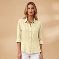 Short buttoned tunic for women — fitted solid top without pockets | vacation