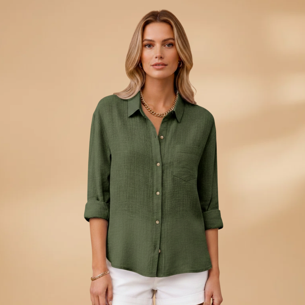 Short buttoned tunic for women — fitted solid top without pockets | vacation