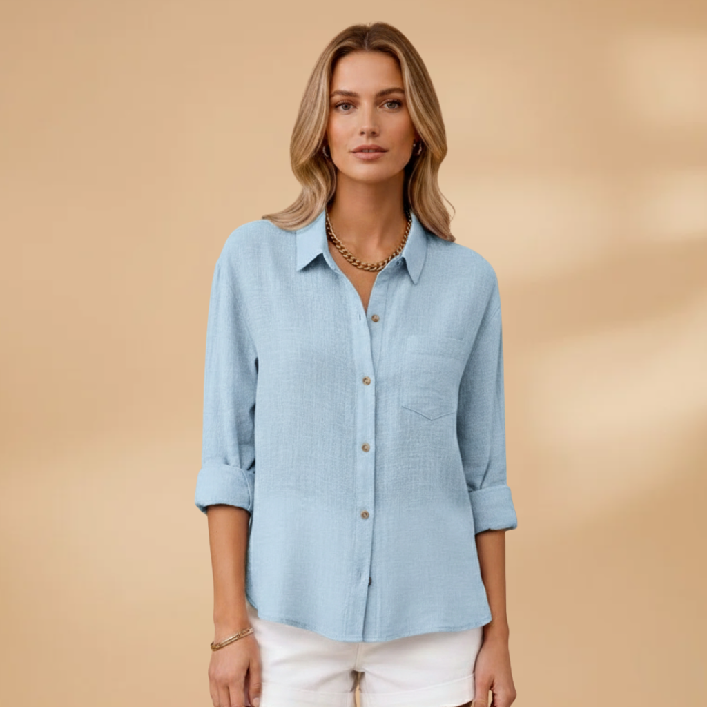 Short buttoned tunic for women — fitted solid top without pockets | vacation