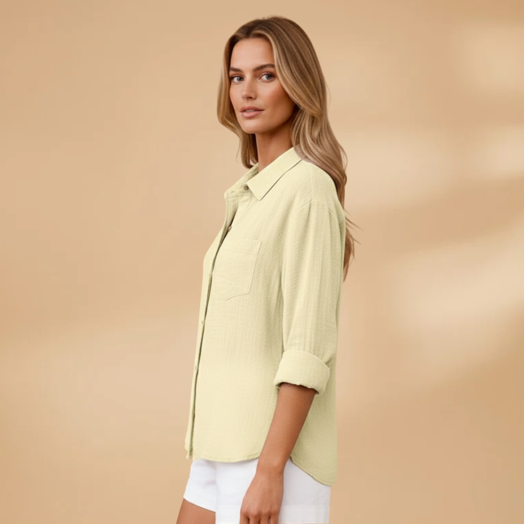 Short buttoned tunic for women — fitted solid top without pockets | vacation