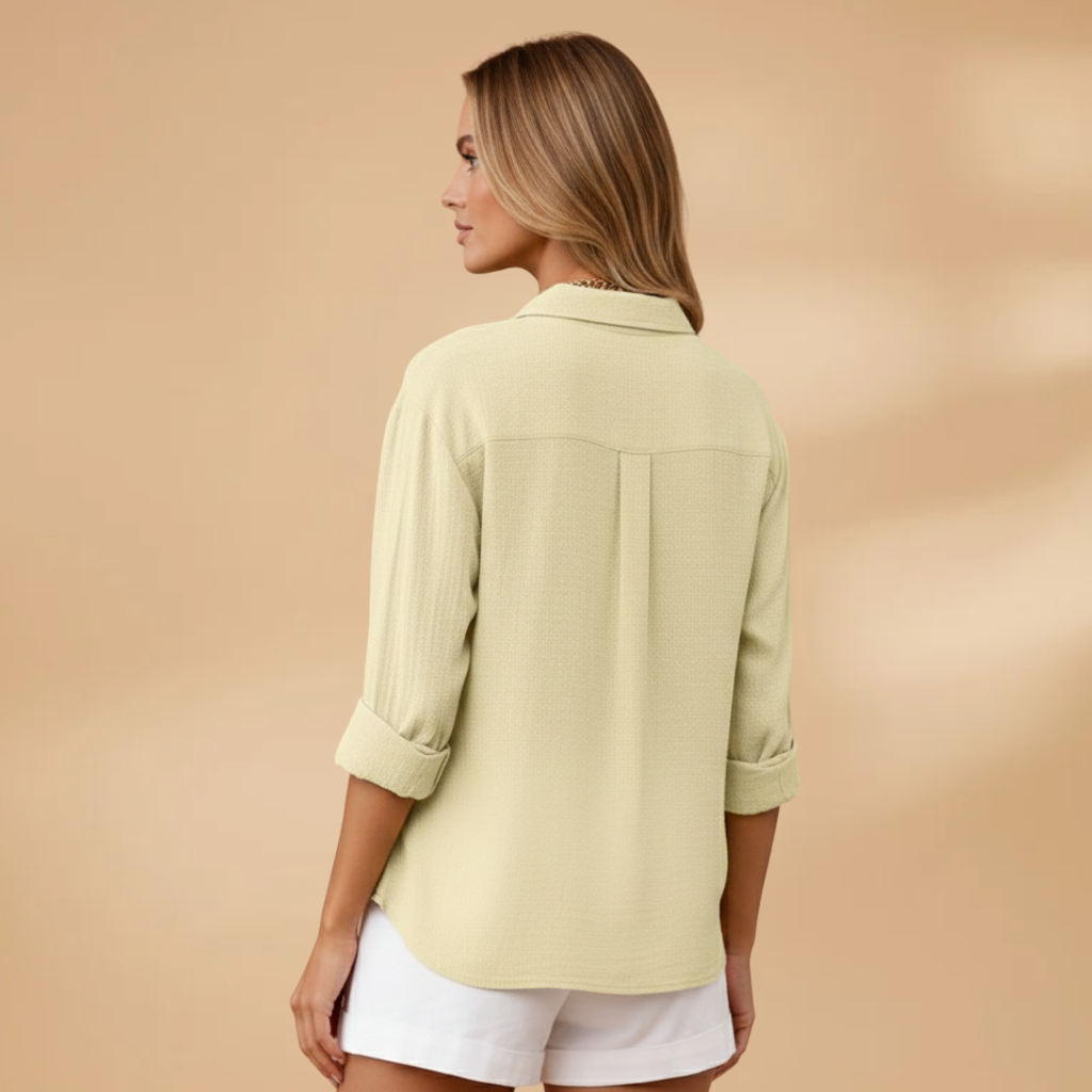 Short buttoned tunic for women — fitted solid top without pockets | vacation