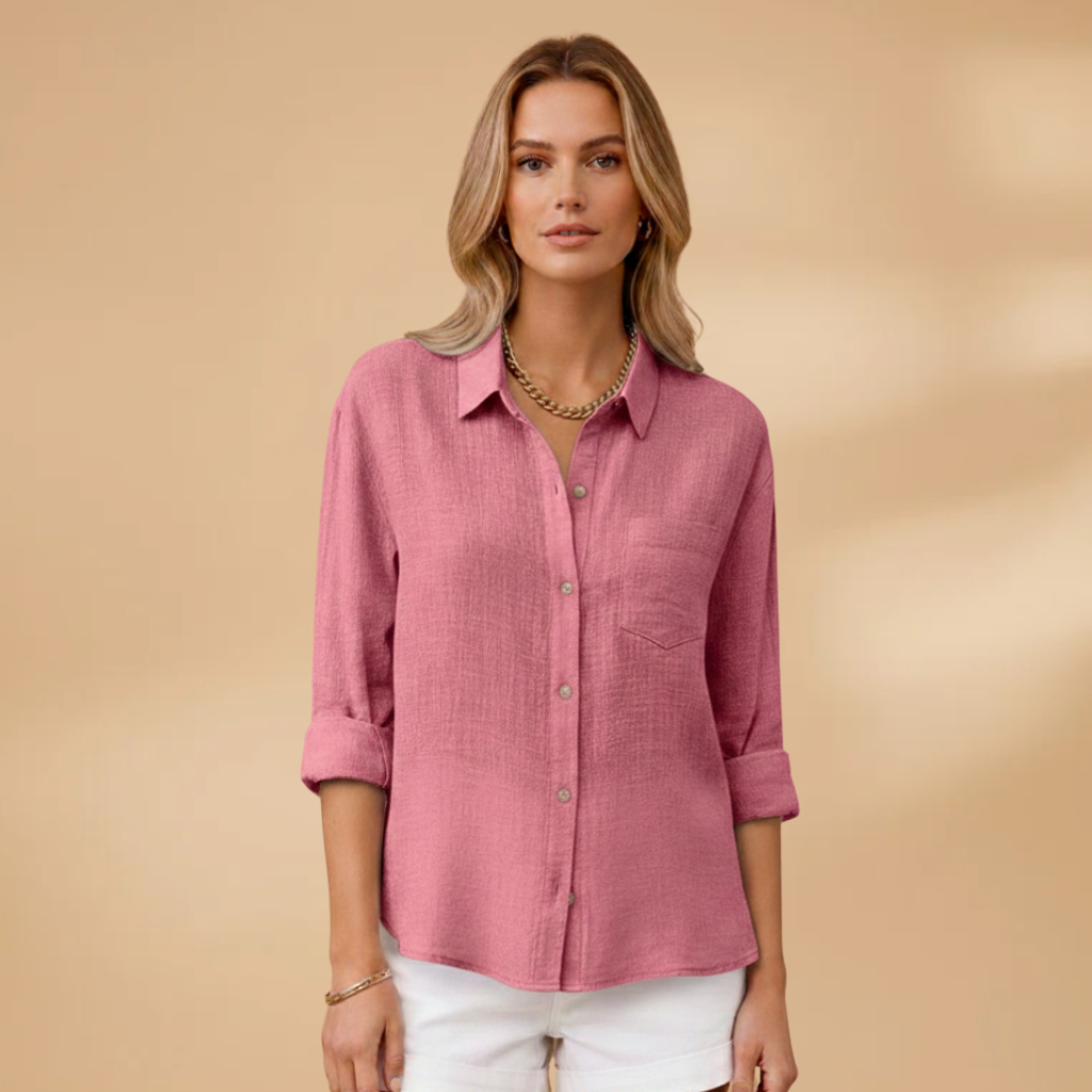 Short buttoned tunic for women — fitted solid top without pockets | vacation