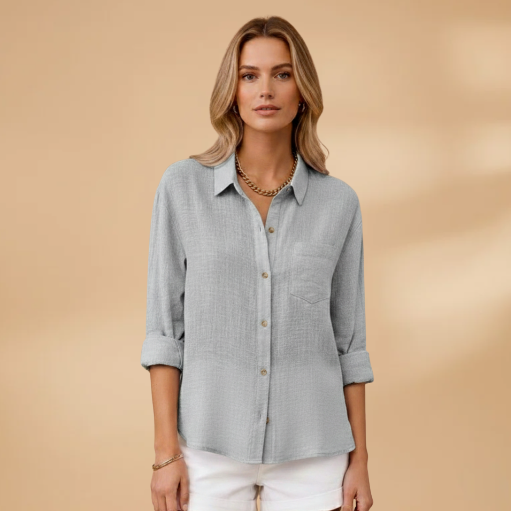Short buttoned tunic for women — fitted solid top without pockets | vacation