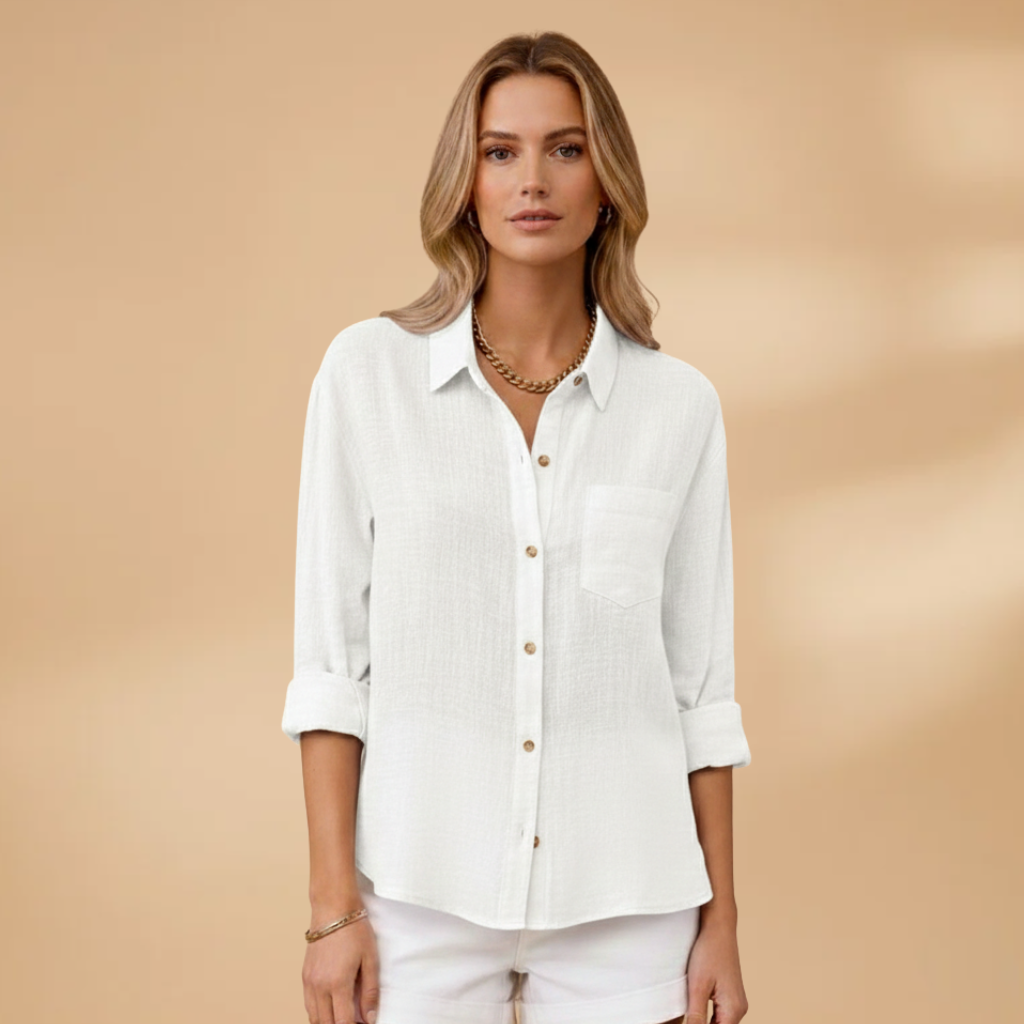 Short buttoned tunic for women — fitted solid top without pockets | vacation