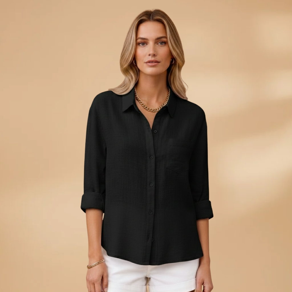 Short buttoned tunic for women — fitted solid top without pockets | vacation