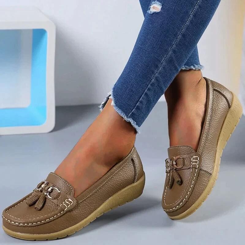Women's leather moccasin shoes - city shoes with buckles - casual