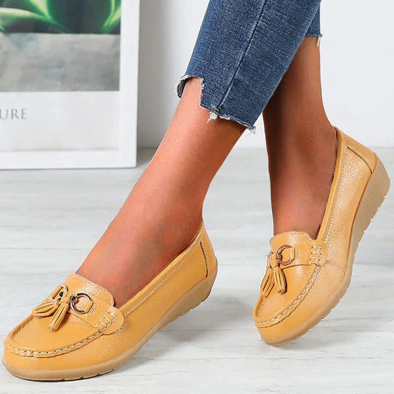 Women's leather moccasin shoes - city shoes with buckles - casual