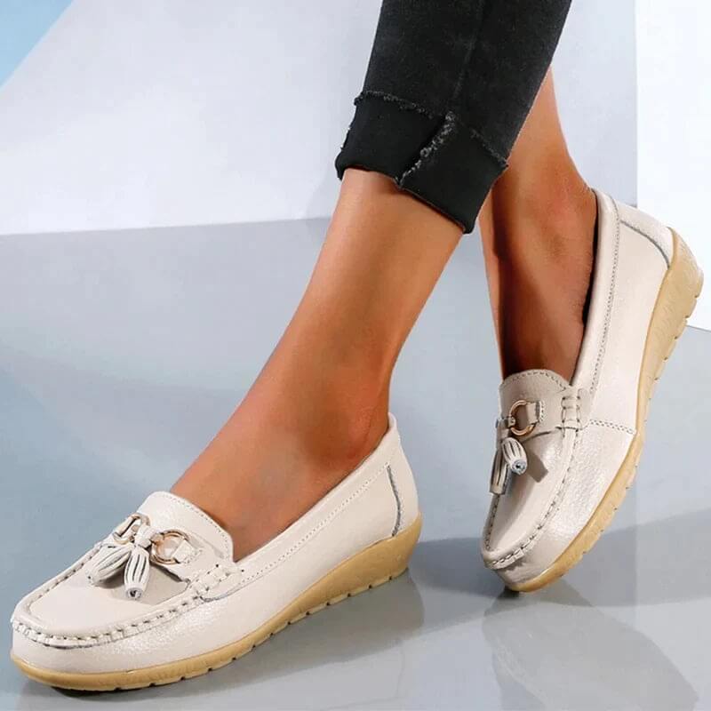 Women's leather moccasin shoes - city shoes with buckles - casual