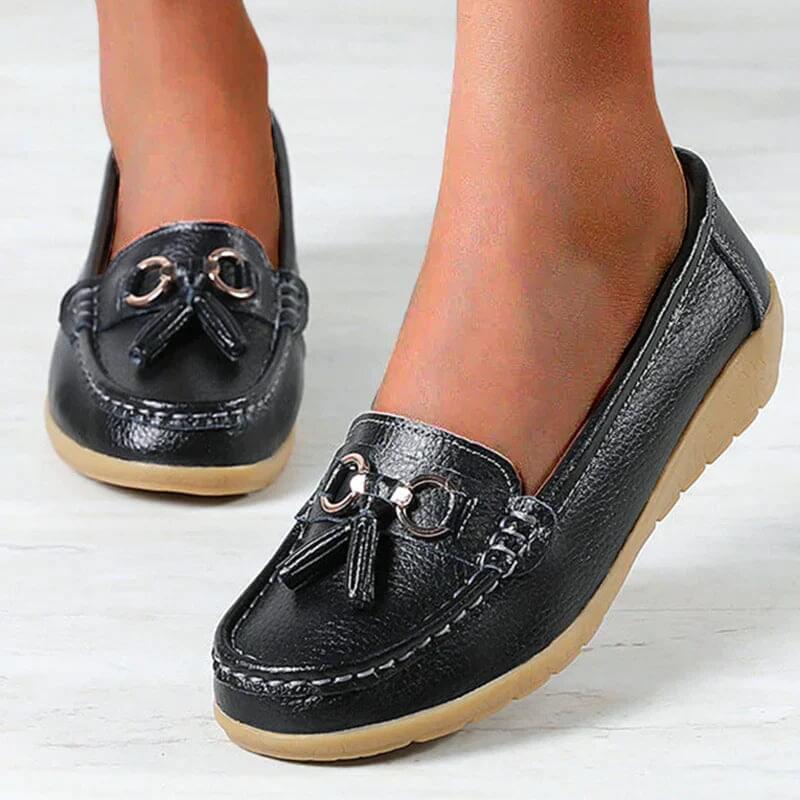 Women's leather moccasin shoes - city shoes with buckles - casual