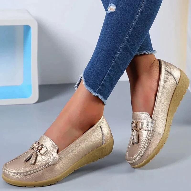Women's leather moccasin shoes - city shoes with buckles - casual