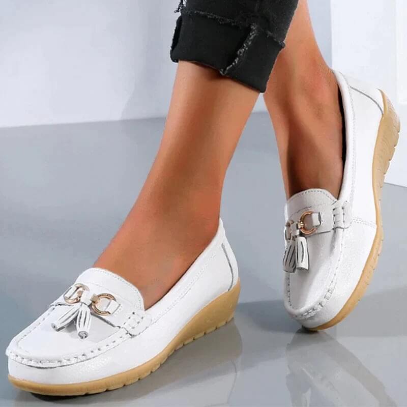Women's leather moccasin shoes - city shoes with buckles - casual